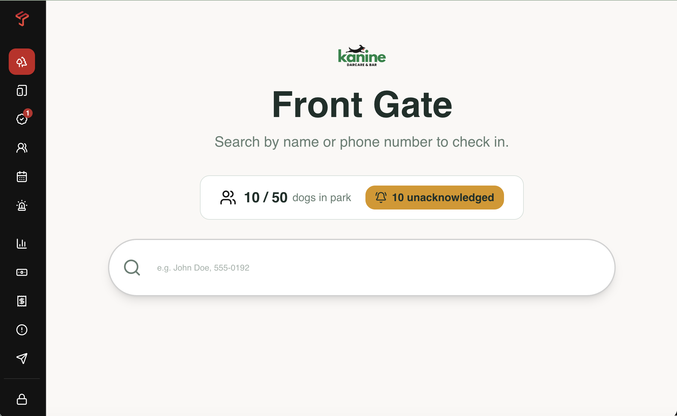 Park by Tabski front gate check in screen showing dogs in park and unacknowledged arrivals