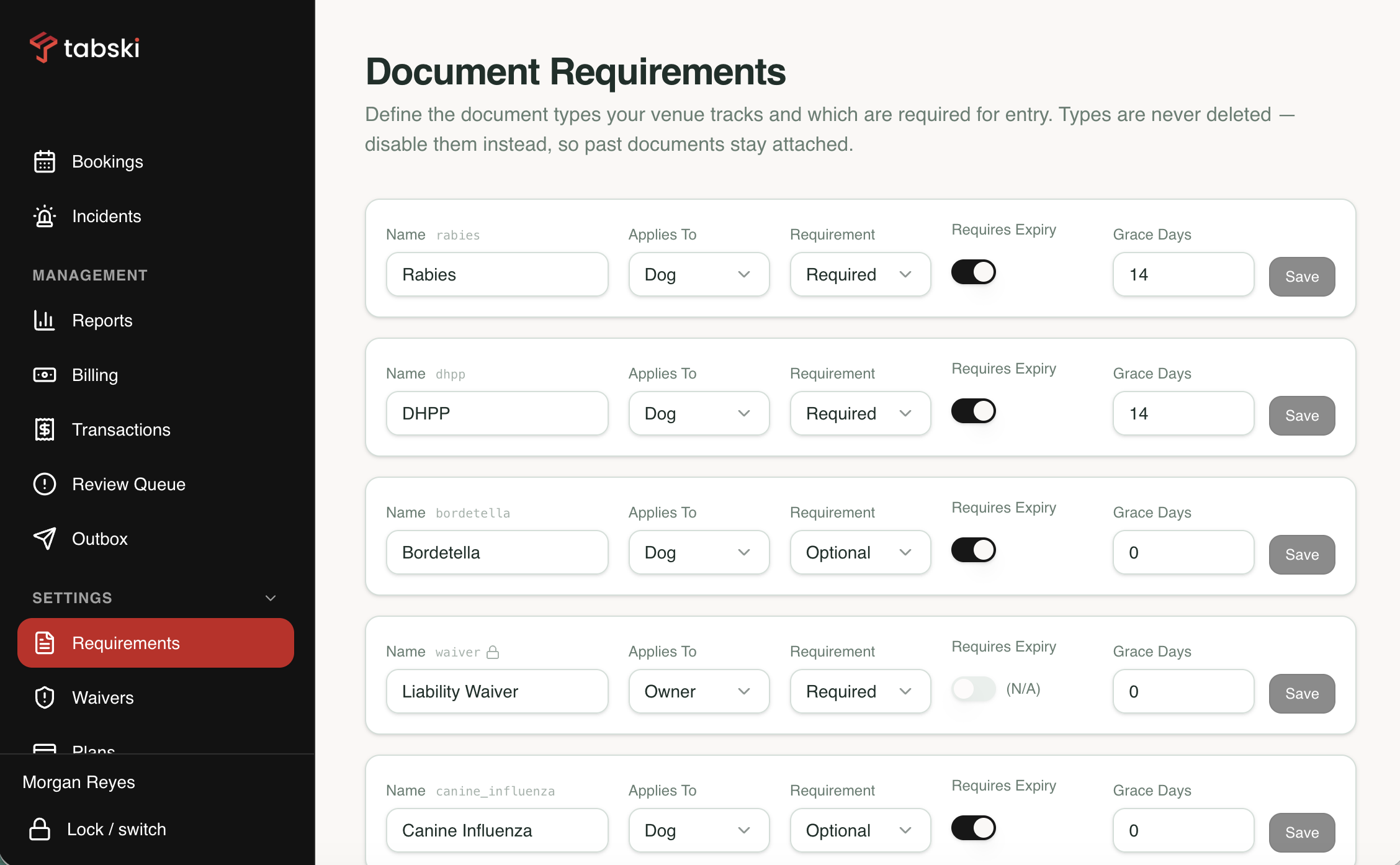 Waiver templates with version history and system templates in Park by Tabski