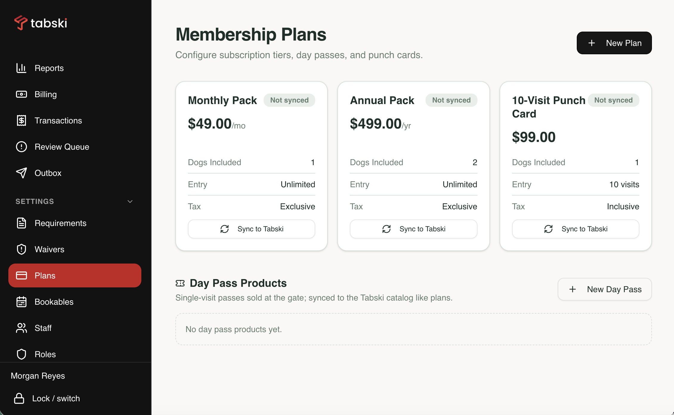 Recurring membership billing in Park by Tabski with plans, cards on file, renewals and failed payment recovery
