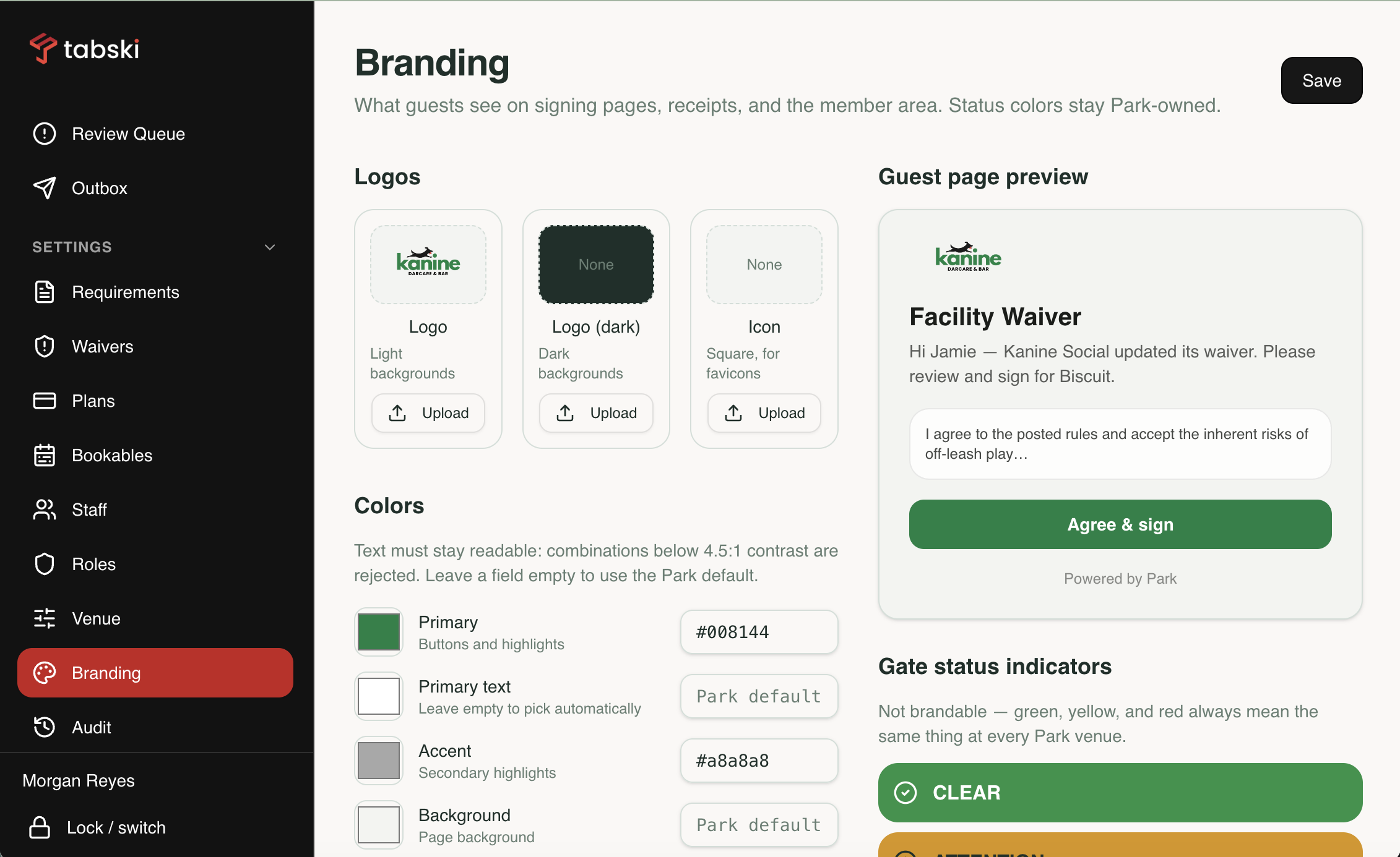 Branding settings with guest waiver page preview and gate status colors in Park by Tabski