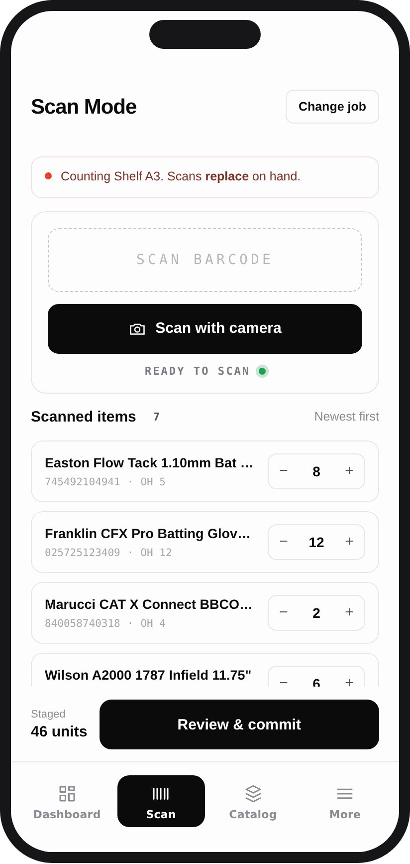 Tabski retail barcode scanning on iPhone with a scan field, camera button and a staged count of scanned items