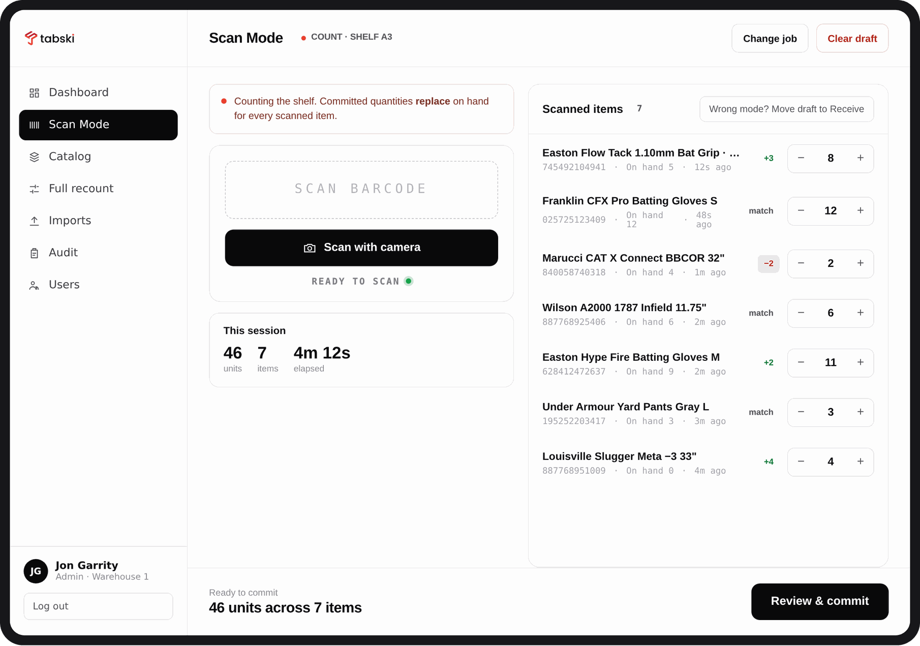 Tabski scan mode on iPad counting Shelf A3 with a barcode field, a live scanned item list and a running session total of 46 units across 7 items