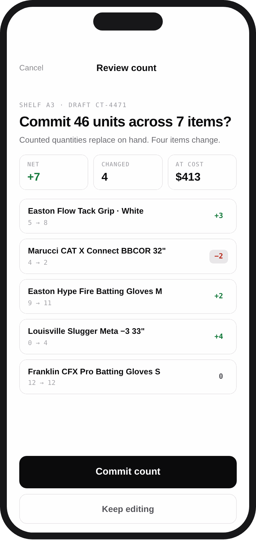 Tabski count review screen on iPhone showing net change, changed item count, value at cost and per item quantity differences before committing