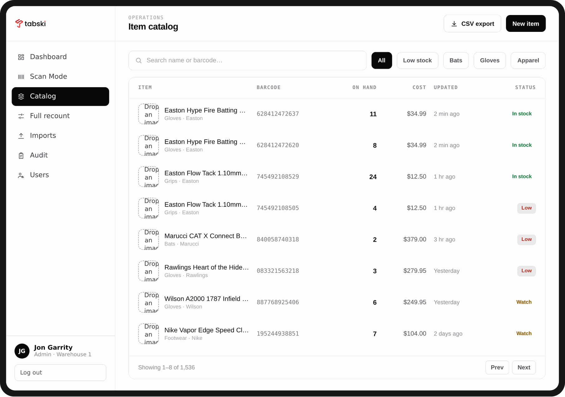 Tabski retail item catalog on iPad listing sporting goods SKUs with barcode, on hand quantity, cost, last updated and stock status