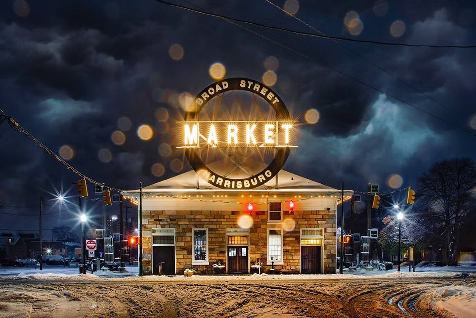 Broad Street Market sign and Stone Building during winter