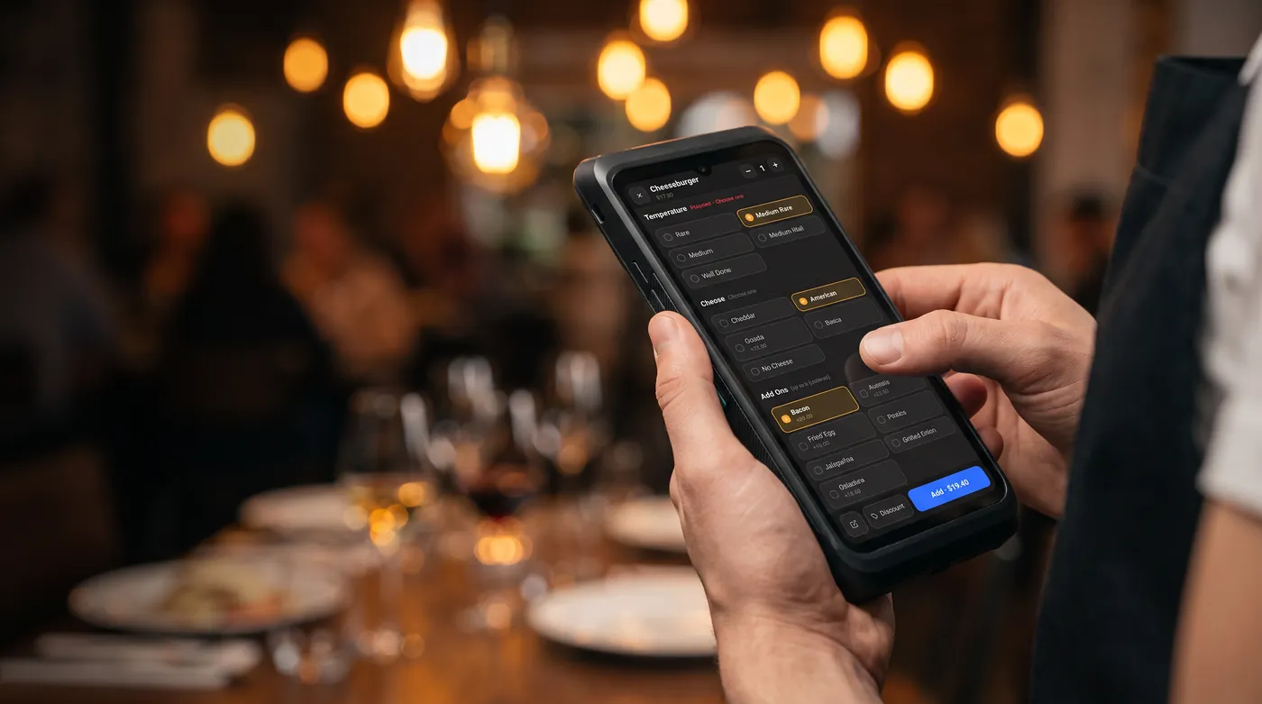 Server entering a cheeseburger order with modifiers on a Tabski handheld POS at a restaurant table