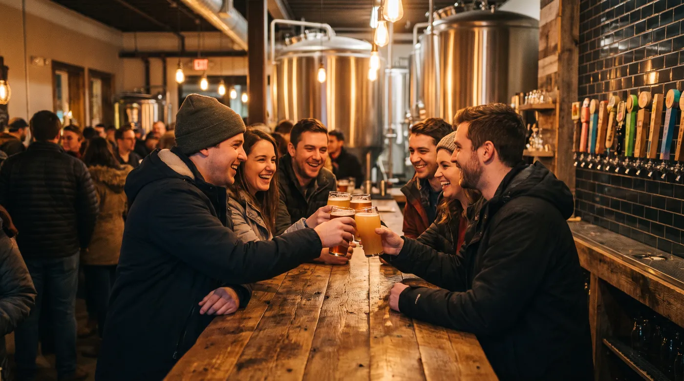Friends toasting pints at a brewery taproom bar with tap handles and fermenters