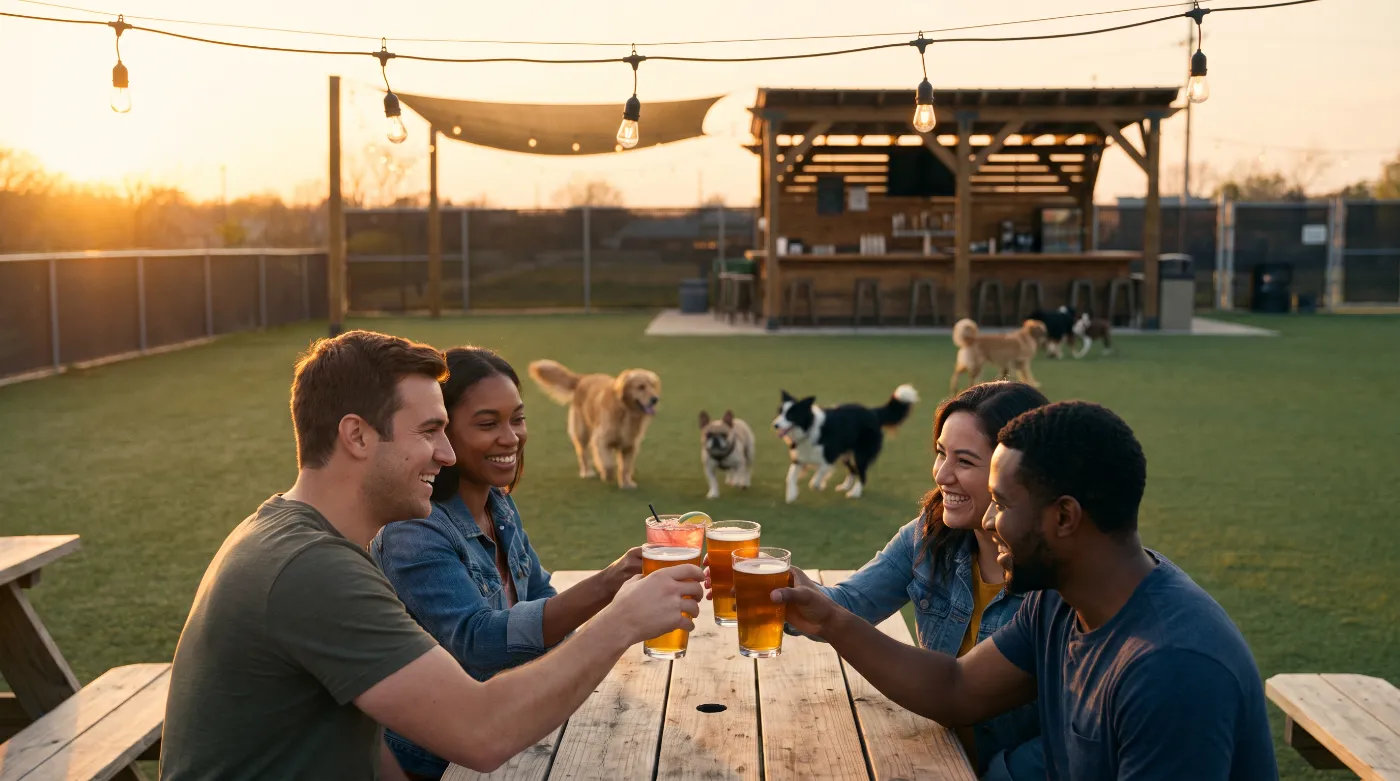 Friends with drinks at a dog park bar while dogs play at sunset