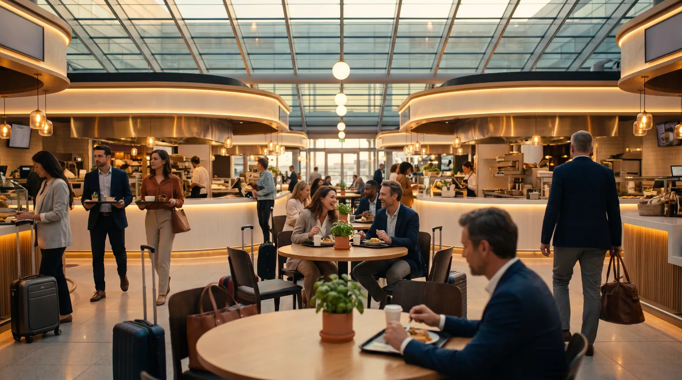 Modern food court with food counters and a shared seating area