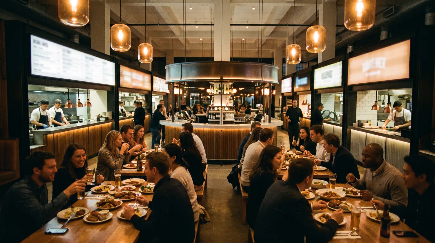 Busy food hall with glowing vendor counters and guests at communal tables