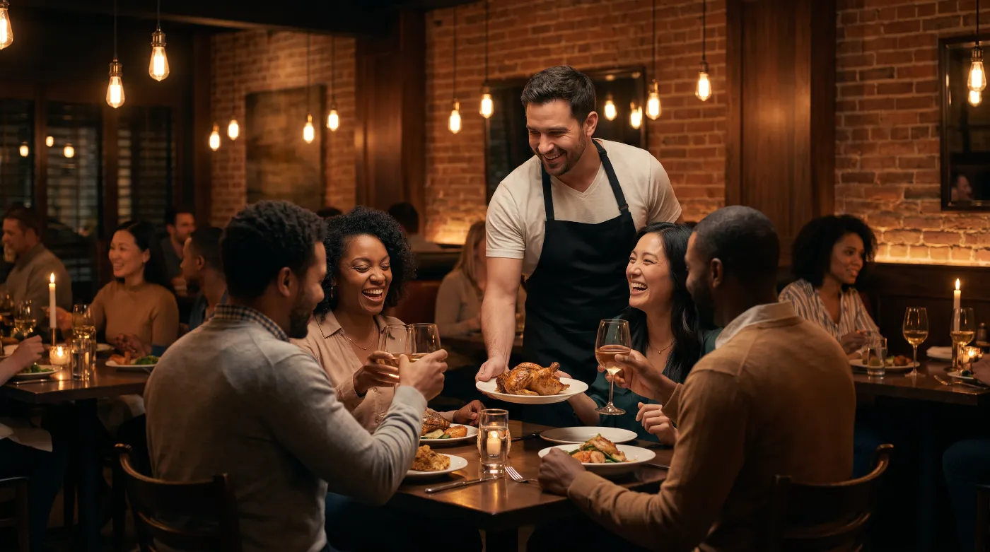 Server bringing plates to a table of guests in a busy restaurant
