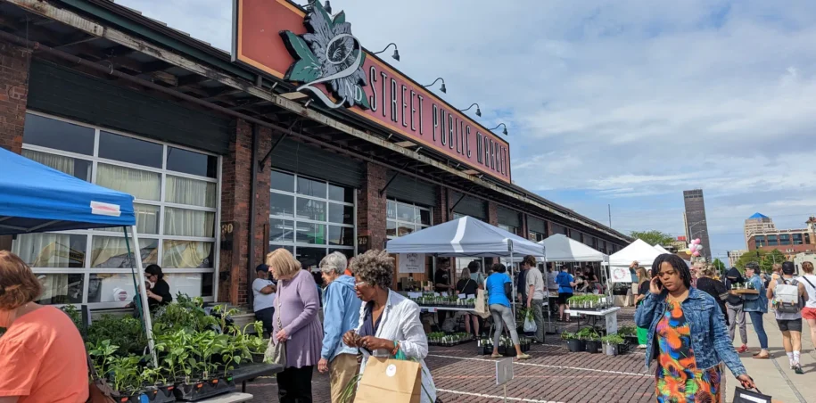 The 2nd Street Market building and outdoor farmers market tents on East Second Street in Dayton, Ohio