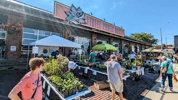 Shoppers browsing plants and produce at the outdoor farmers market outside the 2nd Street Market in Dayton