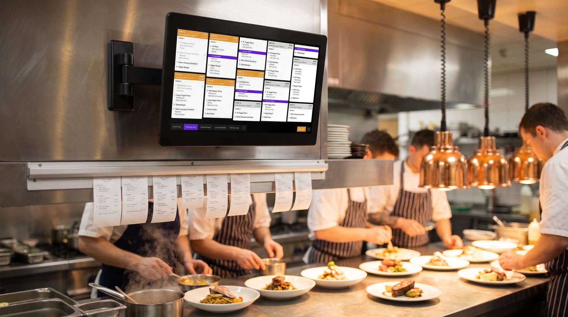 Tabski kitchen display system mounted above a busy restaurant kitchen line as cooks plate orders