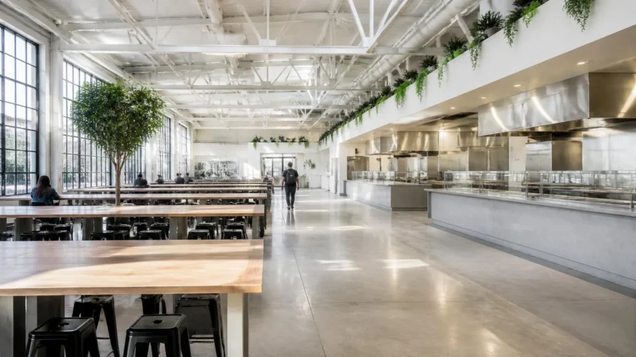 Bright, mostly empty food hall with tall factory windows, white steel trusses, long wooden communal tables and stainless steel counters (illustrative image)