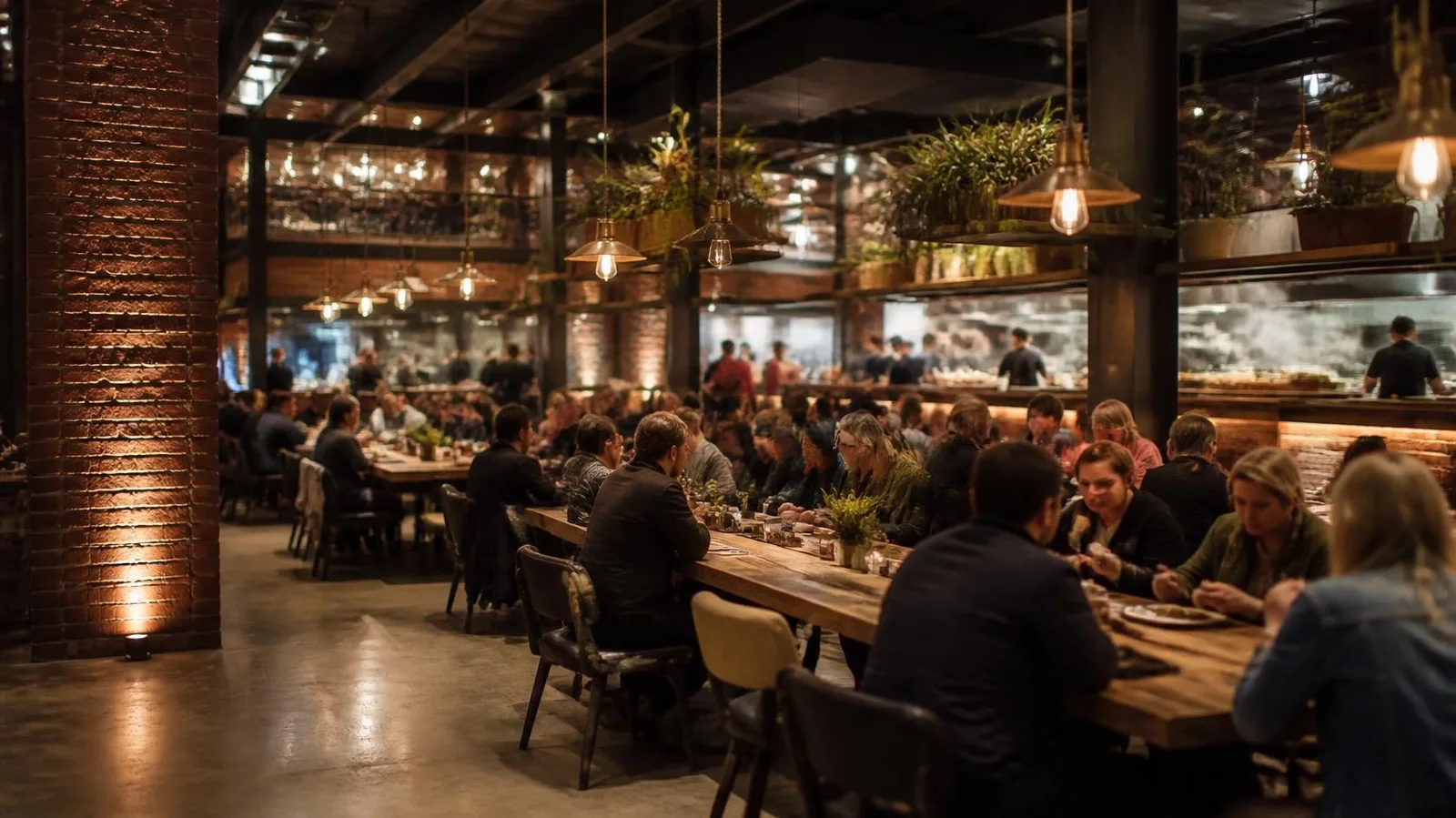 Diners at long wooden tables in a warmly lit food hall with brick walls and hanging Edison bulbs (illustrative image)