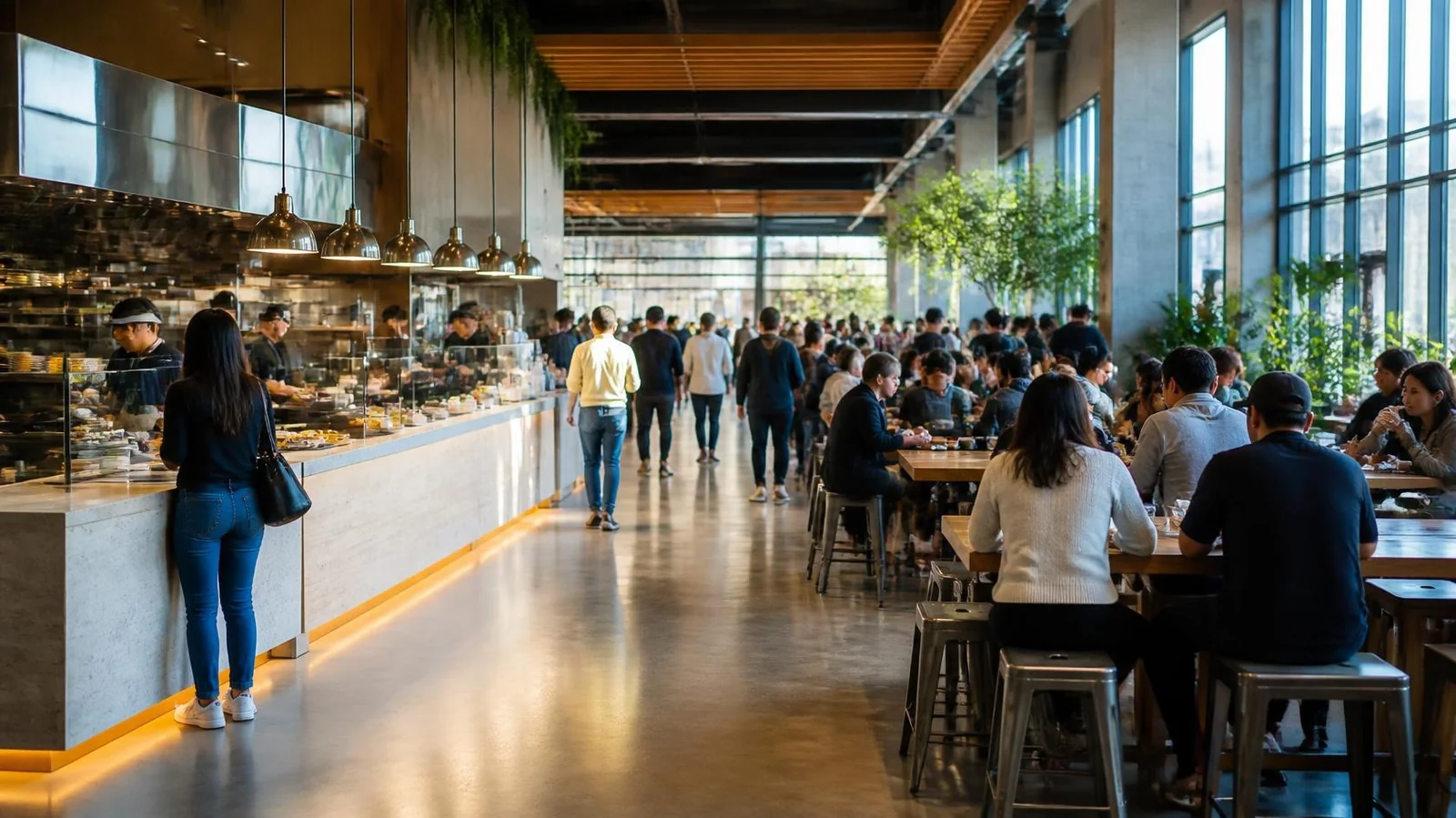 Communal wooden tables and open kitchen counters in a sunlit indoor food hall with tall windows (illustrative image)