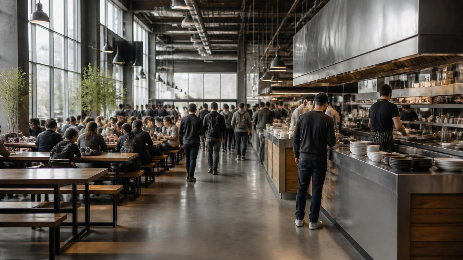 Communal wooden tables and open kitchen counters in a sunlit industrial indoor food hall (illustrative image)