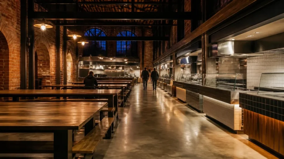 Long wooden communal tables and lit stainless steel vendor counters in a brick warehouse food hall at night (illustrative image)