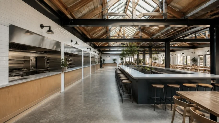 Empty food hall in a converted industrial building with a skylit timber roof, a row of stainless steel vendor counters, a long central bar with stools and wooden tables (illustrative image)
