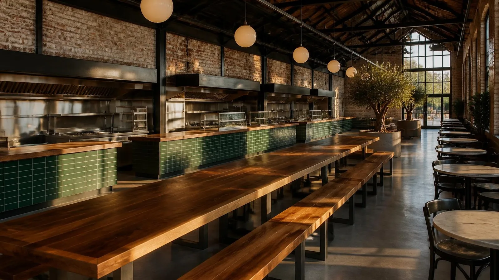 Empty food hall in a renovated brick warehouse with steel trusses and tall factory windows, green tiled vendor counters, long wooden communal tables, globe pendant lights and potted olive trees (illustrative image)
