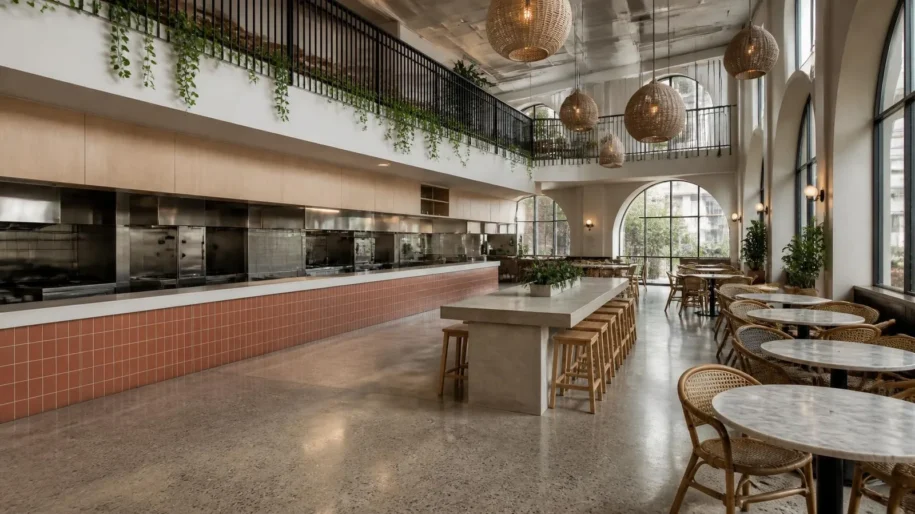 Empty two-level food hall with a mezzanine behind a black steel railing and trailing plants, terracotta-tiled vendor counters, a long concrete communal table with stools, marble bistro tables with rattan chairs, woven pendant lights and tall arched windows (illustrative image)