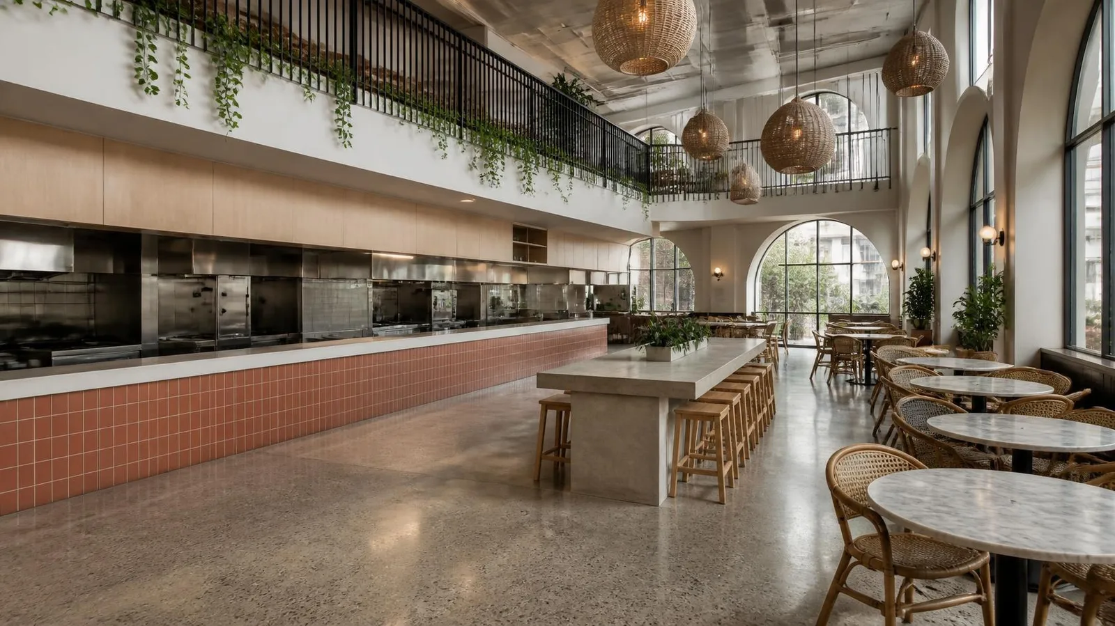 Empty two-level food hall with a mezzanine behind a black steel railing and trailing plants, terracotta-tiled vendor counters, a long concrete communal table with stools, marble bistro tables with rattan chairs, woven pendant lights and tall arched windows (illustrative image)
