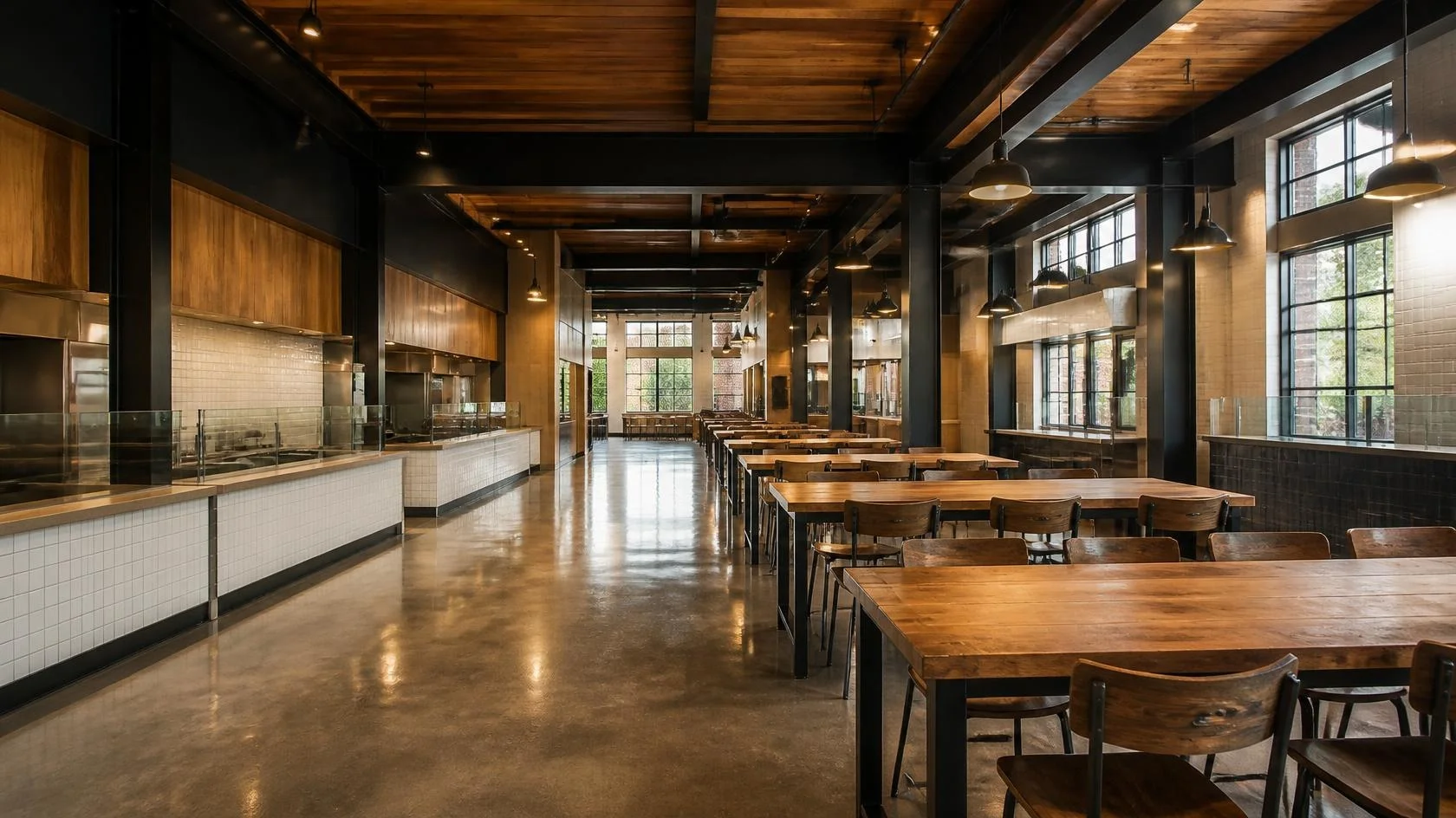 Empty modern food hall with warm wood, black steel, tiled vendor counters, communal tables and tall windows (illustrative image)