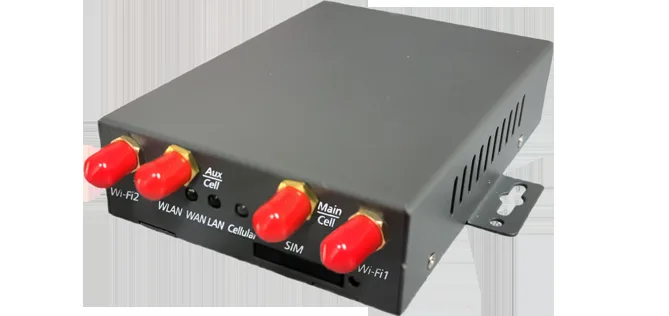 Tabski cellular failover router, a gray business router with four red antennas and a SIM slot, that keeps a restaurant or food hall POS network online when the internet drops