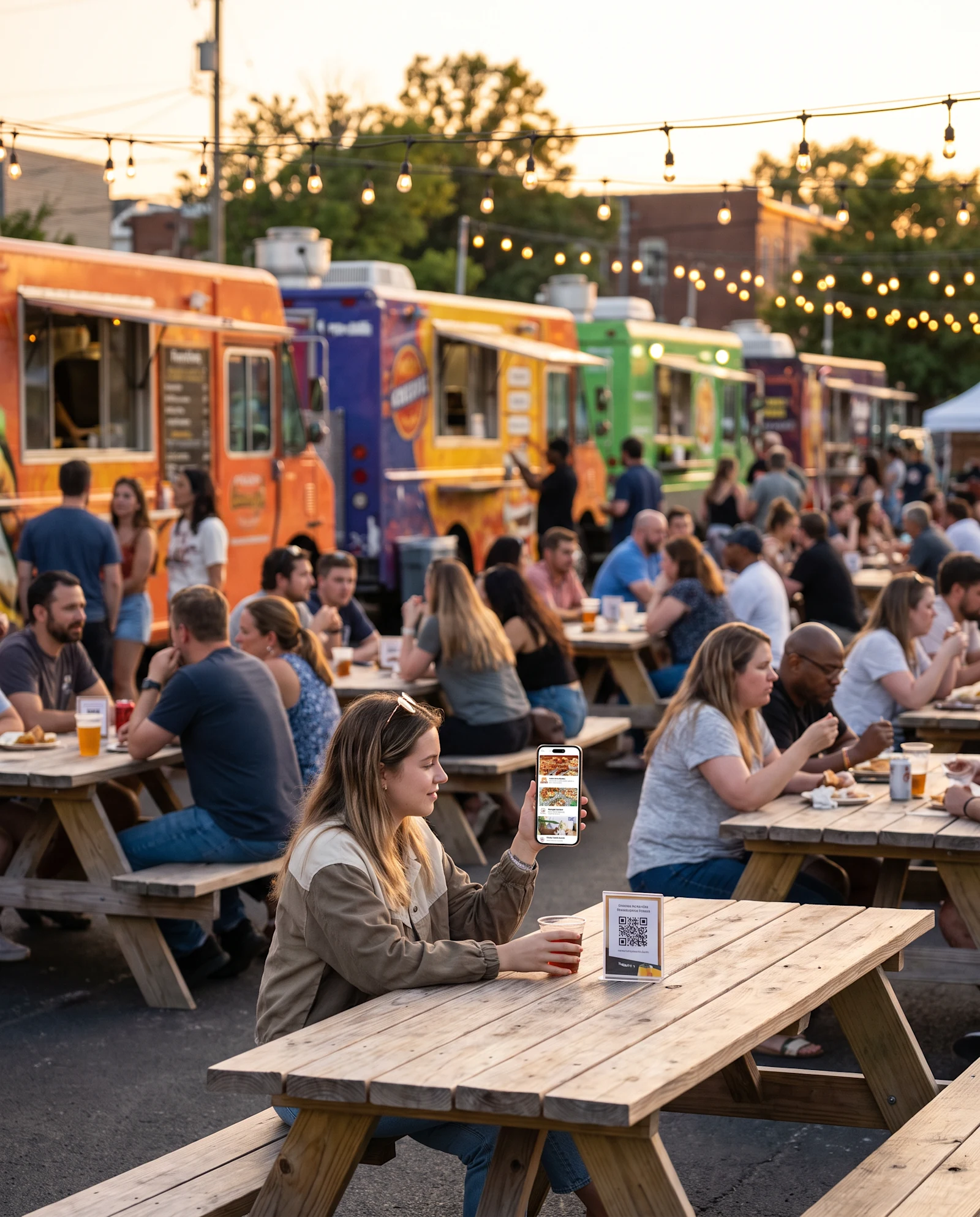 Guest ordering from several food trucks on her phone at a food truck park